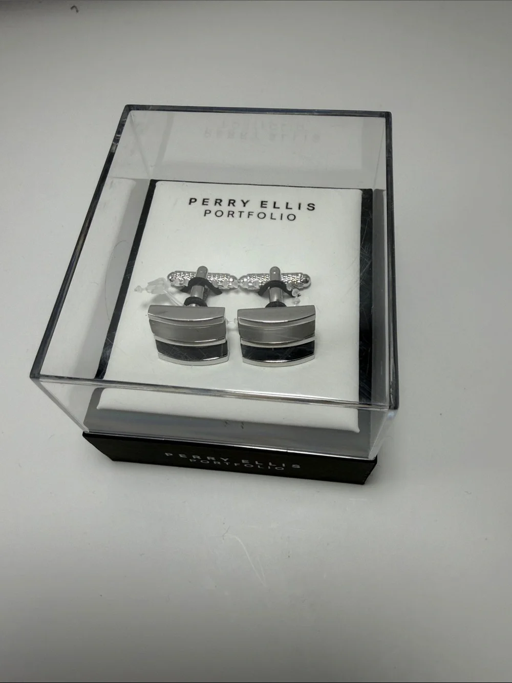 Perry Ellis Silver and Black Striped Cufflinks